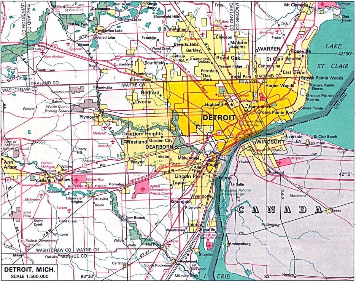priekšpilsētas Detroitas karte